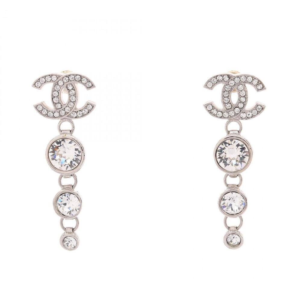 Chanel B23S Coco Mark Earrings, Metal, Rhinestone, Women's, Silver/Clear Tones